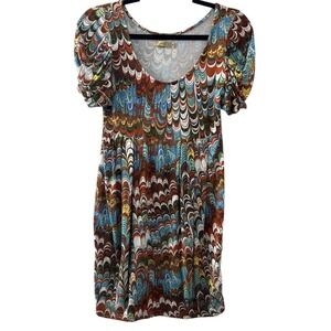 Jaloux Psychedelic Peacock Mini Dress M Multicolor Puffed Sleeve Retro Boho Mod